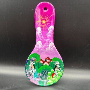 Guatemalan Folk Art Ceramic Spoon Rest Wall Decor Campesino Village Hand Painted